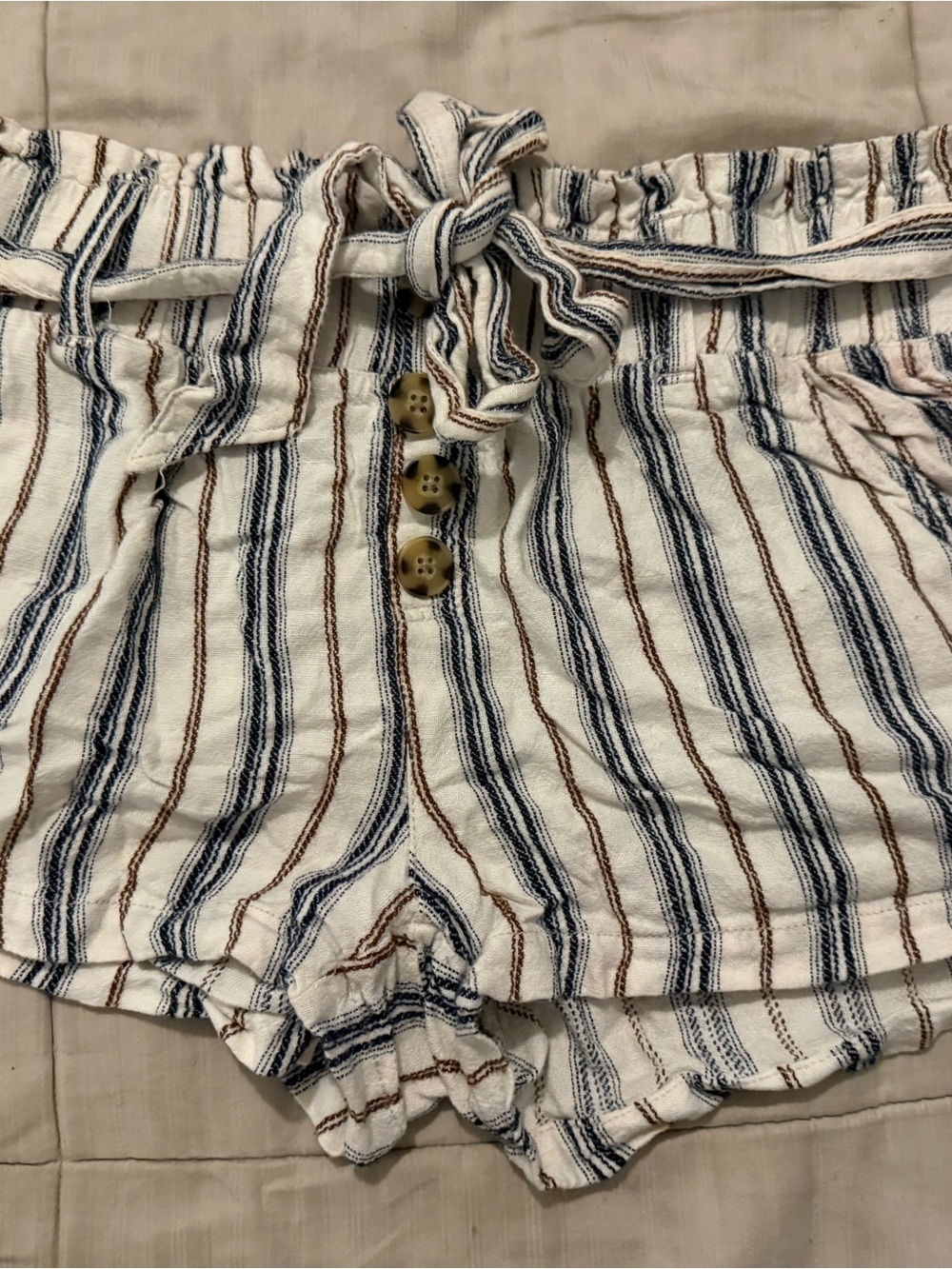 Rewash Striped Paperbag Waist Shorts - White, Navy & Brown